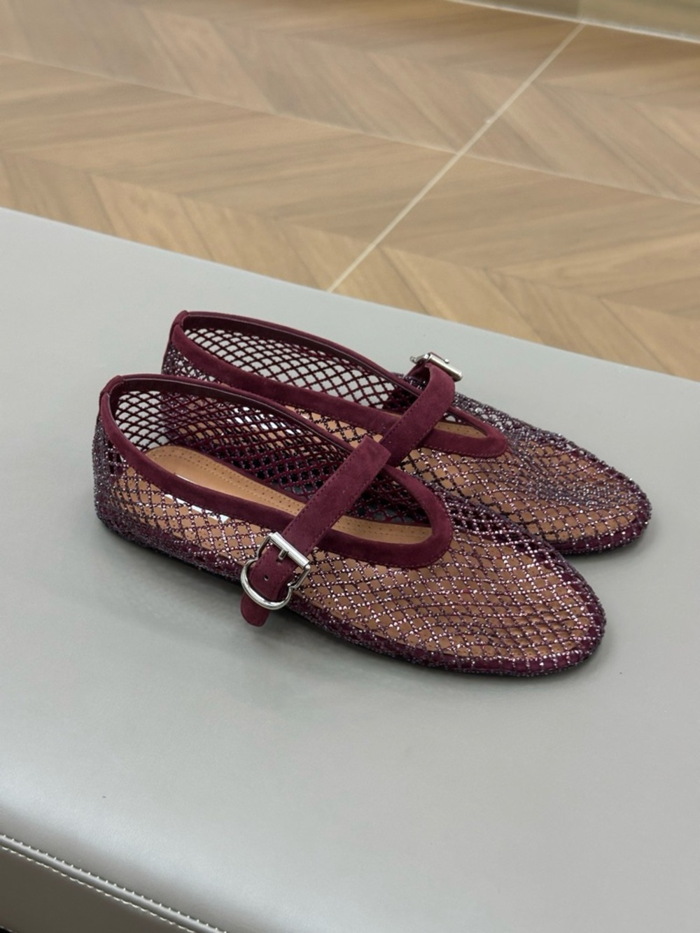 Burgundy Red Alaia Ballet Flats In Strass Fishnet Mary Jane flats - Picture 3 of 6